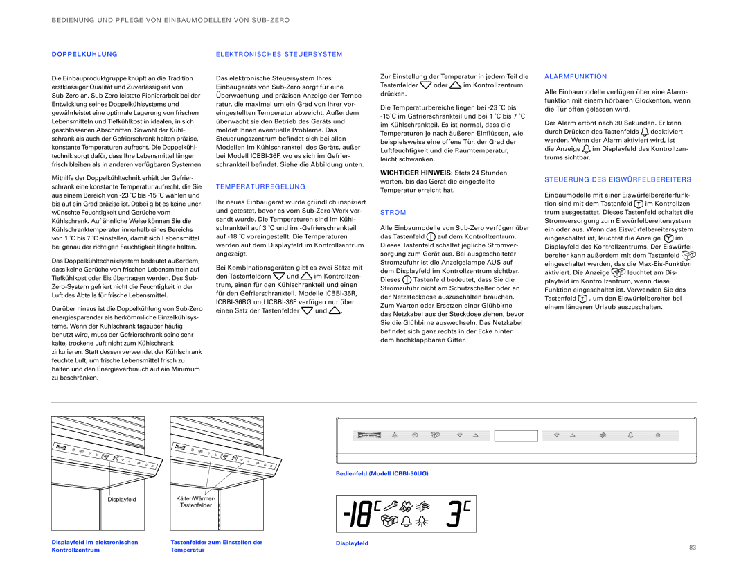 Sub-Zero ICBBI-36UG, ICBBI-30UG manual BED Ienung UND Pflege VO N Einbaum Odel LEN VON SUB-ZERO 