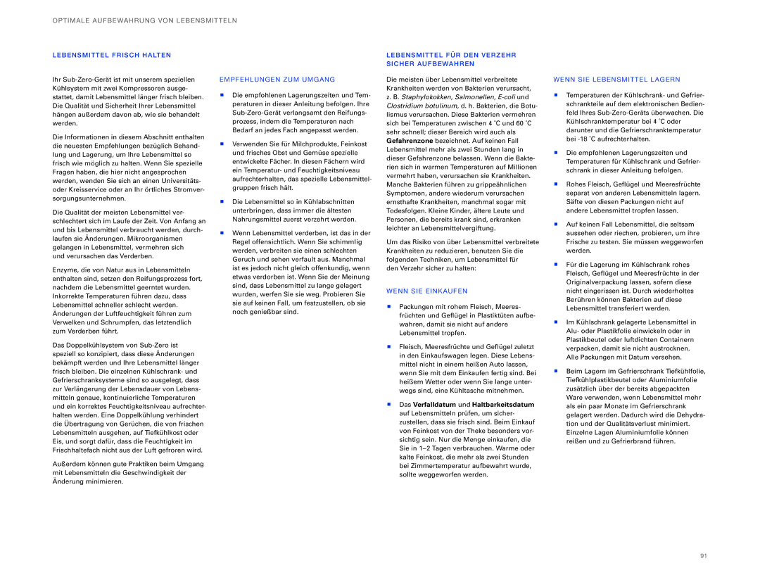 Sub-Zero ICBBI-36UG, ICBBI-30UG manual OP TI Male Aufbe Wahrung VON Lebensmit Teln 