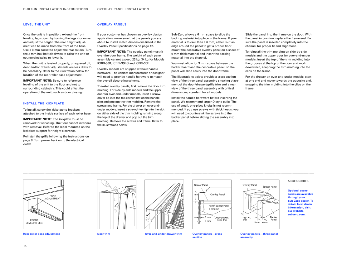 Sub-Zero ICBBI-36F, ICBBI-36RG Level the UN IT Overla Y PAN ELS, INS Tall TH E KI Ckpla TE, Grille Trim 