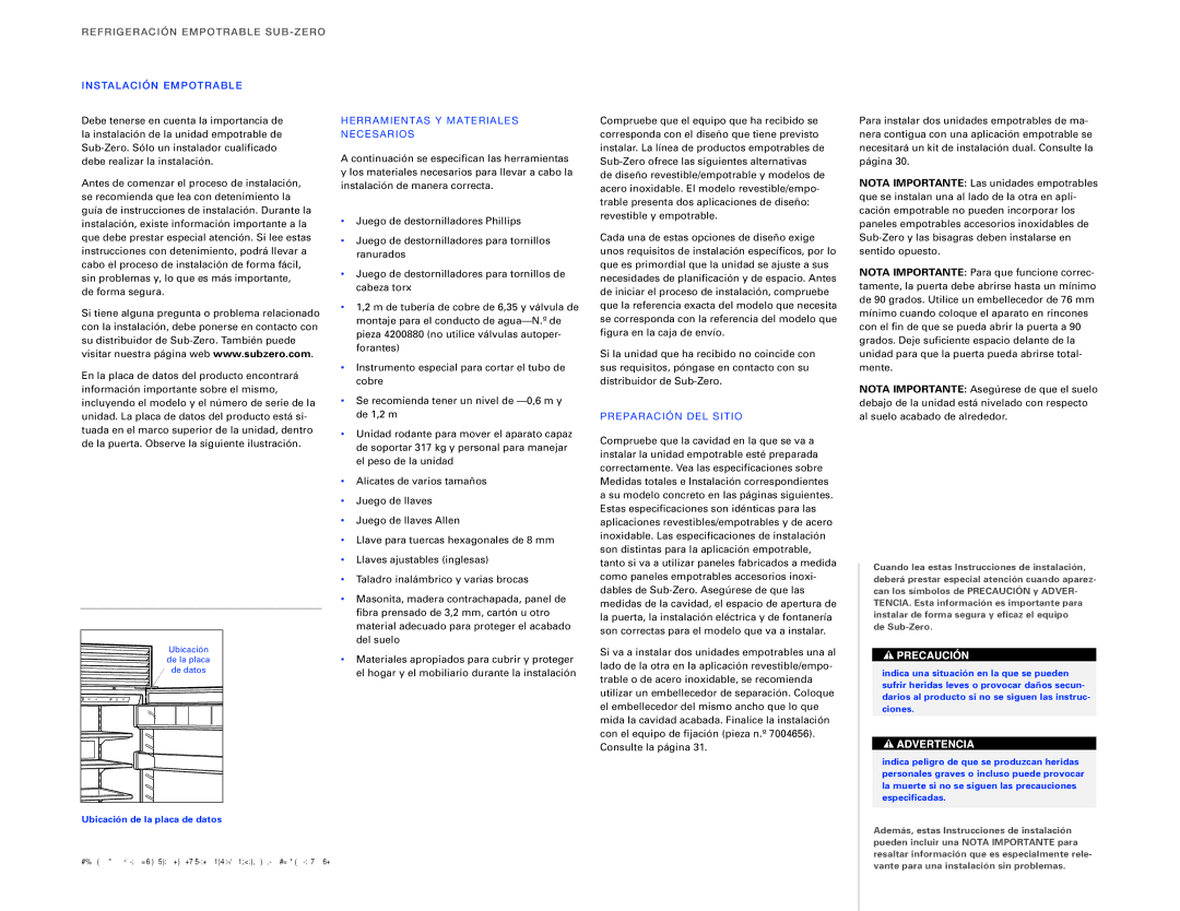 Sub-Zero ICBBI-36R, ICBBI-36F REF Riger Ación Empo Trab LE SU B-ZER O, INS Tala Ción EMP Otrable, Prepar Ación DE L Sitio 