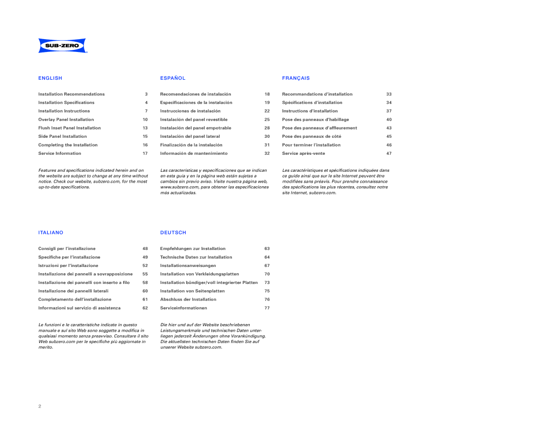 Sub-Zero ICBBI-36RG, ICBBI-36F installation instructions English Españ OL Franç AIS, Italia no 
