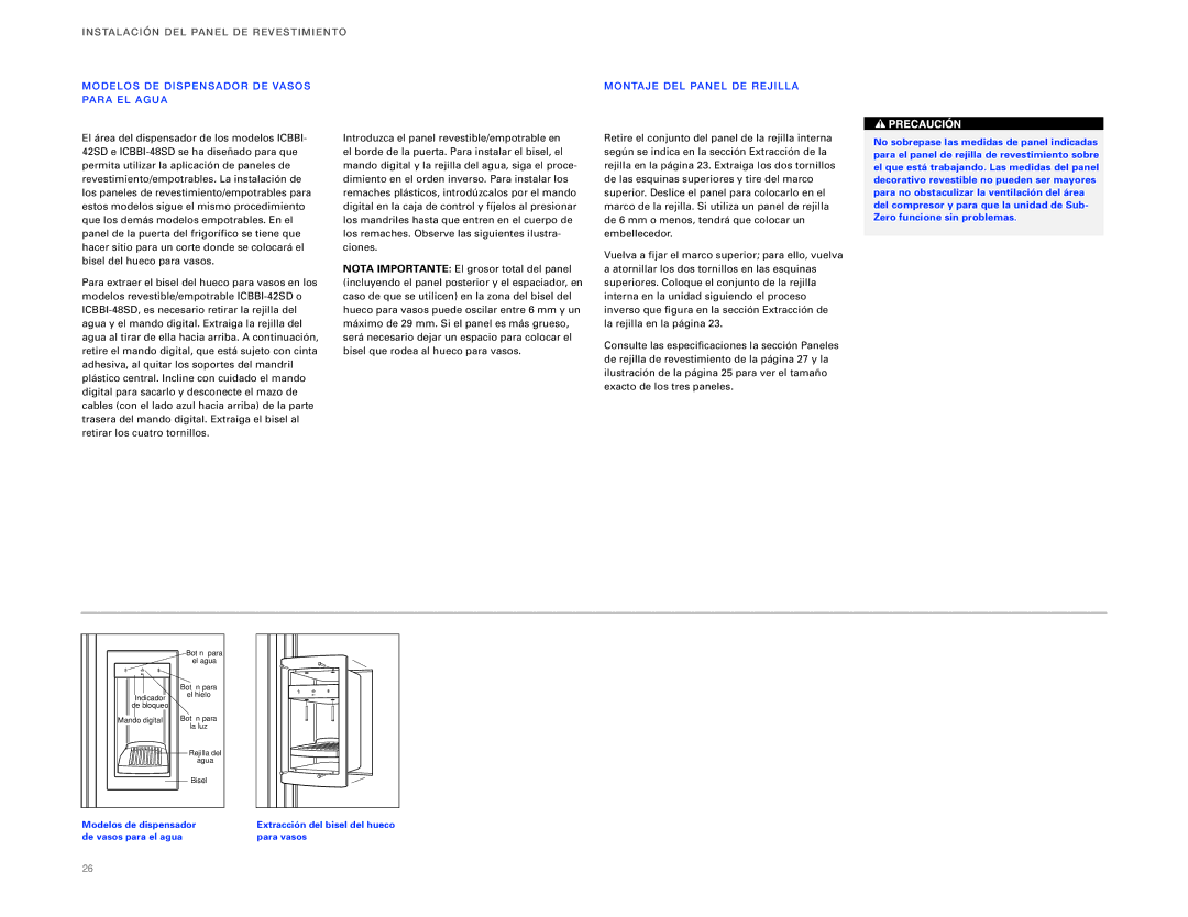 Sub-Zero ICBBI-36RG, ICBBI-36F installation instructions Stala CIÓ N DEL Panel DE Revestimi Ento 