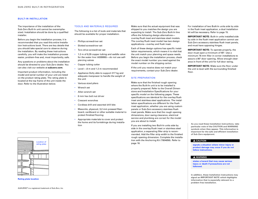 Sub-Zero ICBBI-36R SU B-ZE RO Buil T-IN REF Riger Ation, BUILT-IN Insta LL Atio N, Tools and Mate RI ALS RE QUI RED 