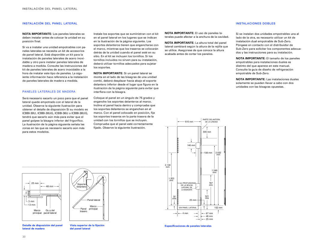 Sub-Zero ICBBI-36R Stala CIÓ N DEL Panel Latera L, PA Neles Late RAL ES DE MAD ERA, Instala CIO NES Dobles, Mm Profundidad 
