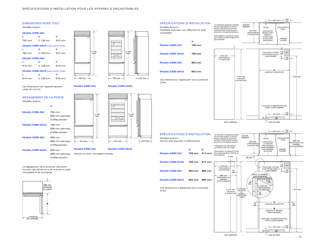 Sub-Zero ICBBI-36RG, ICBBI-36F Modèle ICBBI-30UG avec porte vitrée, Modèle ICBBI-36UG avec porte vitrée 