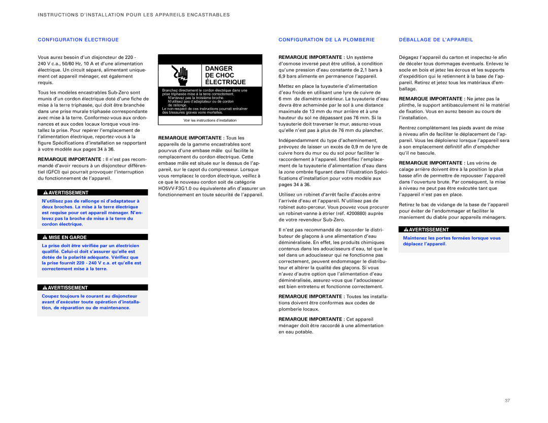 Sub-Zero ICBBI-36F Conf Igur Ation ÉL Ectriq UE, Conf Igura TIO N DE LA PL OM BER IE, Déball AG E DE L’A Ppareil 