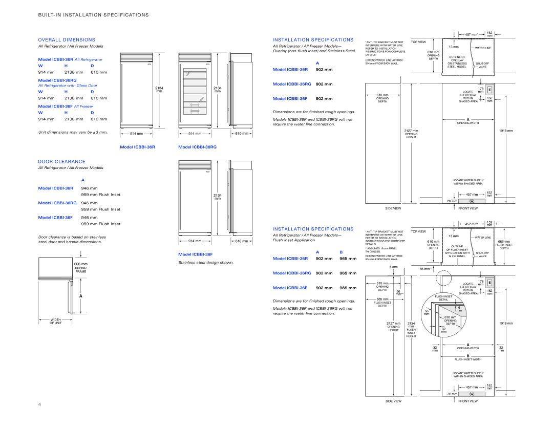 Sub-Zero ICBBI-36F BUILT-IN Insta LL Atio N Specifi Cati ONS, Over ALL Dimensions, STA LL Atio N Specif ICA Tion S 