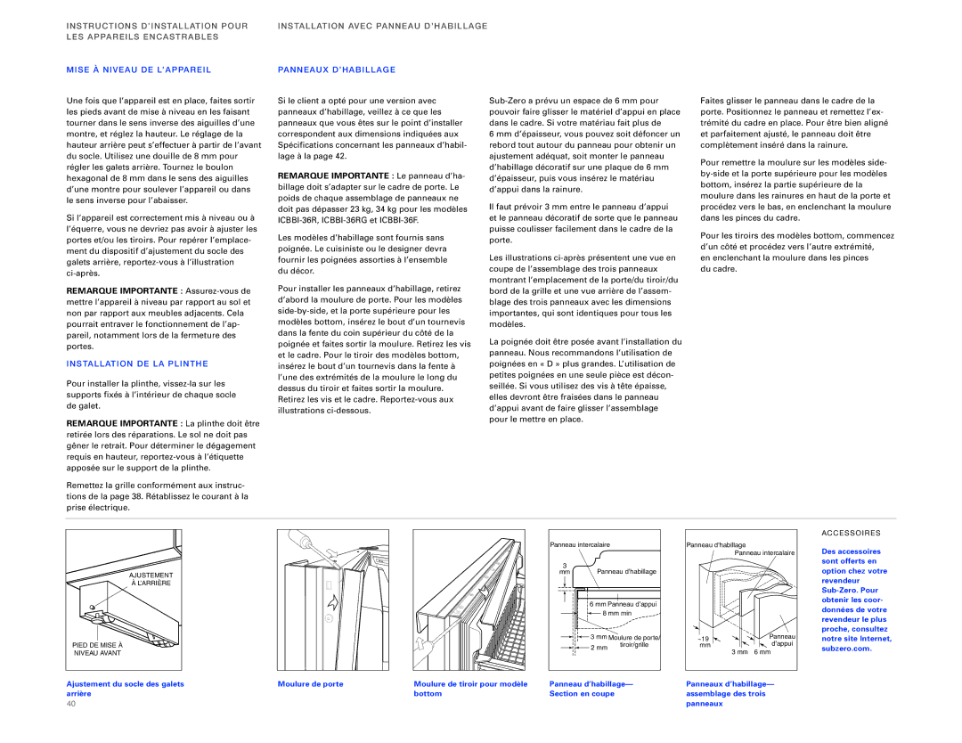 Sub-Zero ICBBI-36F, ICBBI-36RG Mise À Nivea U DE L’APPAREI Panneaux D’HA Billa GE, Stallatio N DE LA Plinthe 