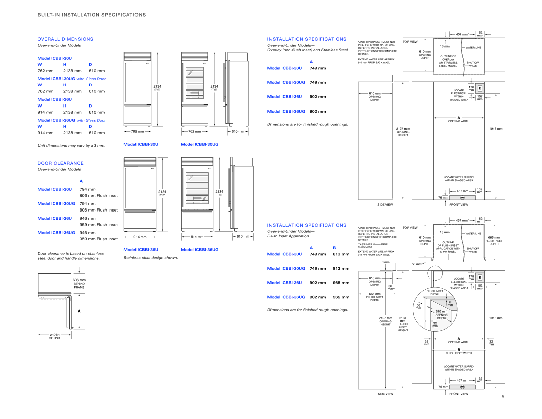 Sub-Zero ICBBI-36RG Model ICBBI-36U Model ICBBI-36UG, Model ICBBI-30U 749 mm 813 mm, Model ICBBI-36UG 902 mm 965 mm 