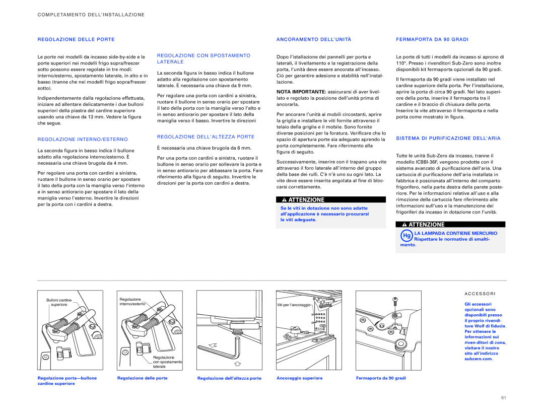 Sub-Zero ICBBI-36F, ICBBI-36RG COM Plet Amento DELL’INSTALLA ZI ONE, Regol Azio NE Inte RNO/ESTERNO 