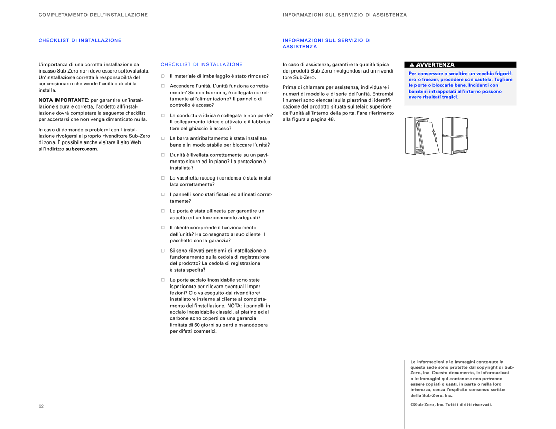 Sub-Zero ICBBI-36RG, ICBBI-36F installation instructions CHE Cklist DI Installazio NE, Check LI ST DI Installaz IO NE 