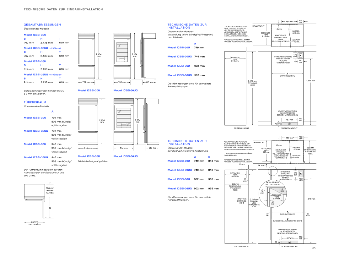 Sub-Zero ICBBI-36RG, ICBBI-36F Technische Date N ZUR Einb AU Inst Allat ION, Gesam TAB Messung EN, Technis CH E Date N ZUR 