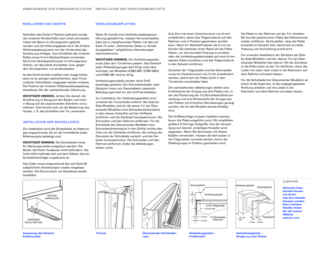 Sub-Zero ICBBI-36F, ICBBI-36RG NI Vellier EN DE S Gerä TS, Stallatio N DER Sockellei STE, Verkle Idungsp Latten 