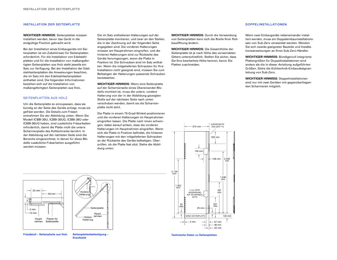 Sub-Zero ICBBI-36F, ICBBI-36RG Stallatio N DER Seitenpla TTE, SE Itenpl Atten AUS HOL Z, DOP Pelinst Allatio NEN 