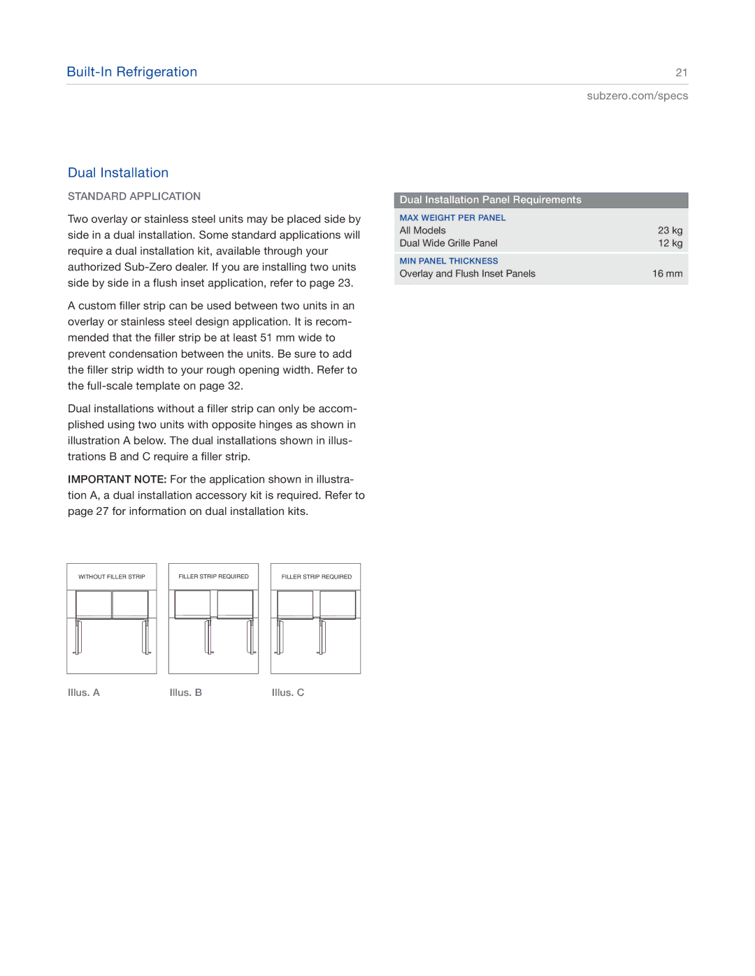 Sub-Zero ICBBI-48S Built-In Refrigeration Dual Installation, Standard Application, Dual Installation Panel Requirements 