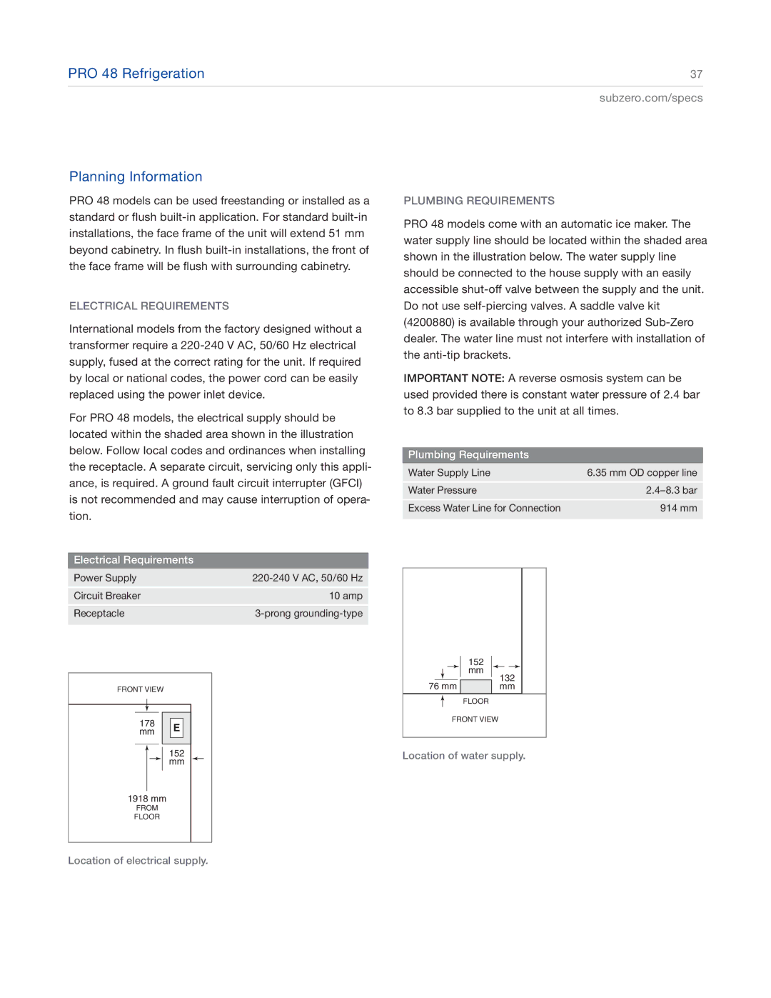 Sub-Zero ICBBI-48SD, ICBBI-42SD, ICBBI-30U, ICBBI-36S PRO 48 Refrigeration Planning Information, Electrical Requirements 