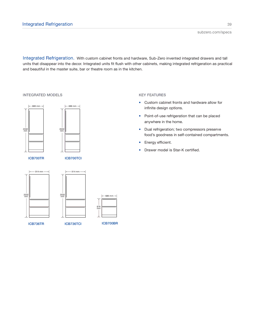 Sub-Zero ICBBI-48SD, ICBBI-42SD, ICBBI-30U, ICBBI-36S, ICBBI-36F, ICBBI-36U Integrated Refrigeration, Integrated Models 