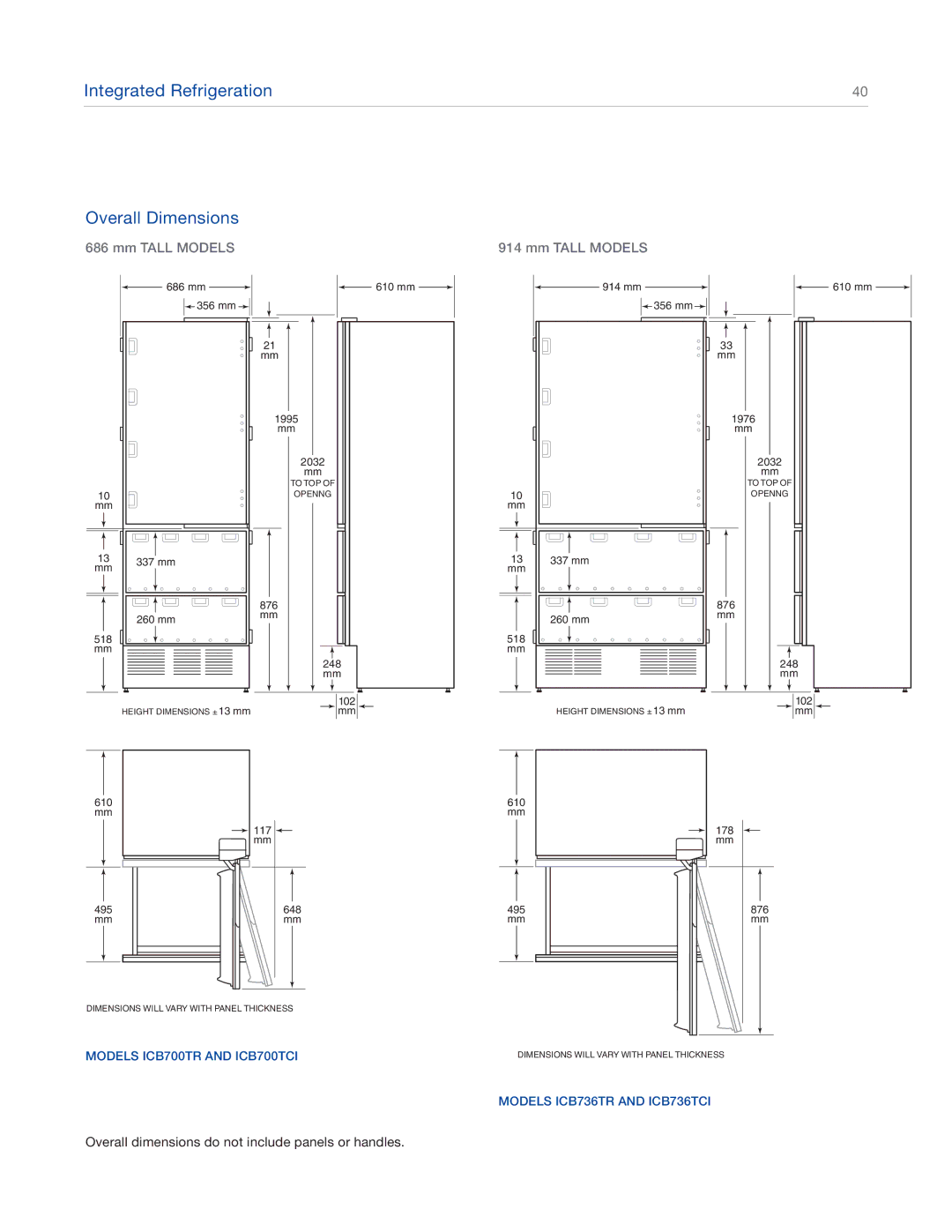 Sub-Zero ICBBI-30U, ICBBI-48SD, ICBBI-42SD, ICBBI-36S manual Integrated Refrigeration Overall Dimensions, Mm Tall Models 