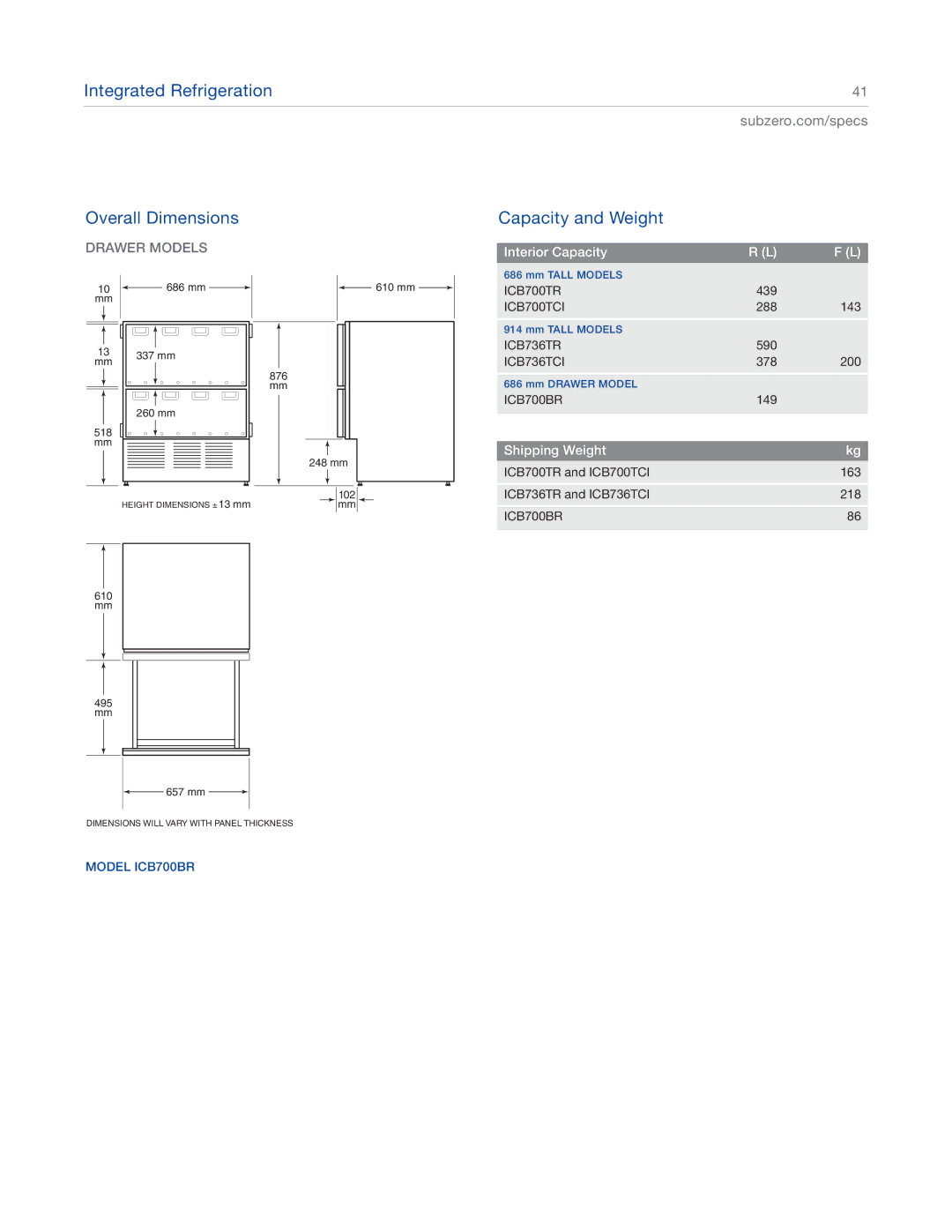 Sub-Zero ICBBI-36S, ICBBI-48SD, ICBBI-42SD, ICBBI-30U, ICBBI-36F, ICBBI-36U manual Capacity and Weight, Drawer Models 