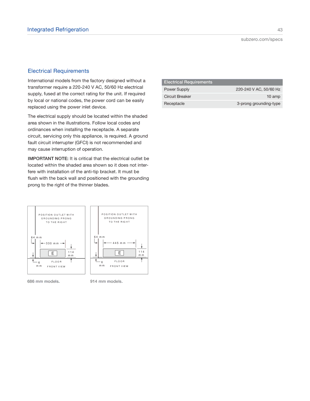 Sub-Zero ICBBI-36U, ICBBI-48SD, ICBBI-42SD, ICBBI-30U, ICBBI-36S manual Integrated Refrigeration Electrical Requirements 