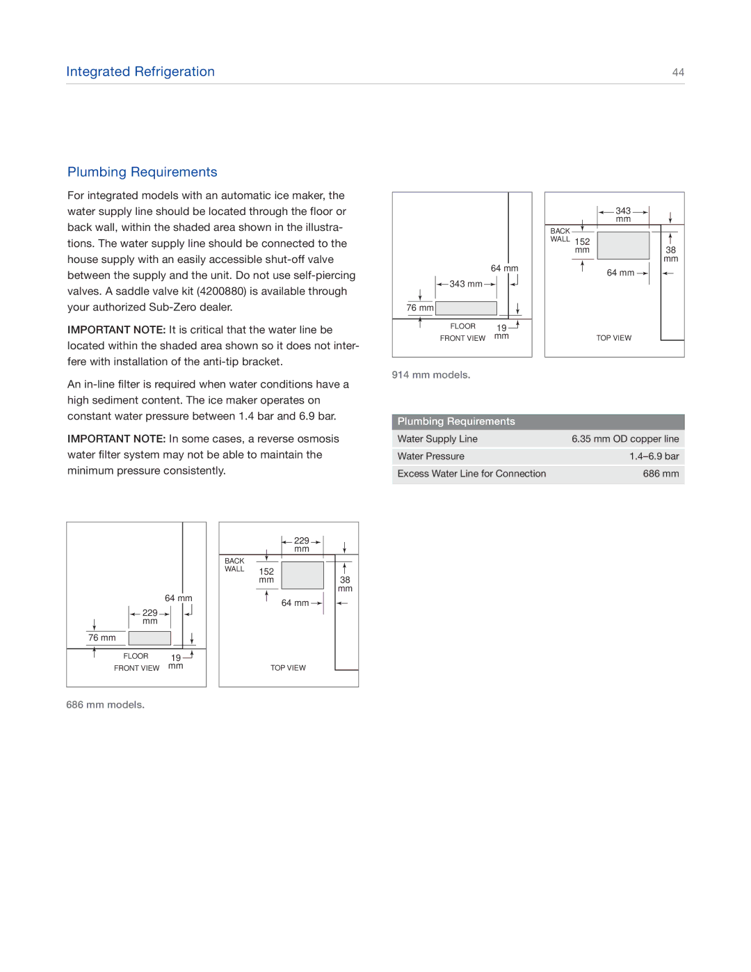 Sub-Zero ICBBI-36R 662, ICBBI-48SD, ICBBI-42SD, ICBBI-30U, ICBBI-36S manual Integrated Refrigeration Plumbing Requirements 