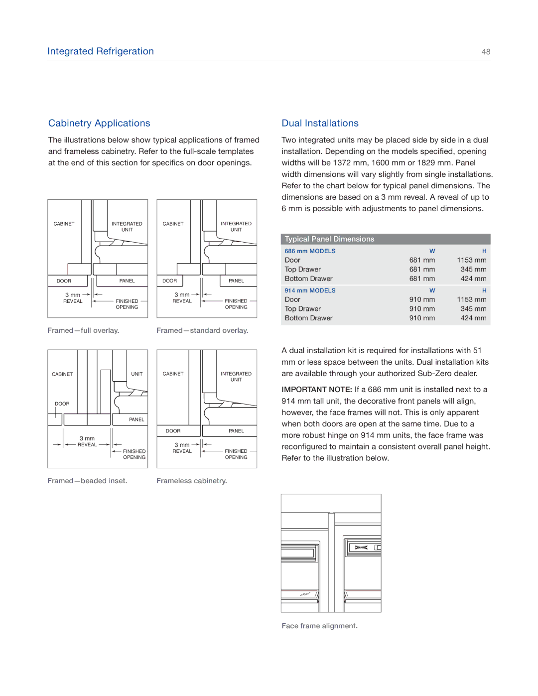 Sub-Zero ICBBI-48SD, ICBBI-42SD, ICBBI-30U Dual Installations, Mm is possible with adjustments to panel dimensions 