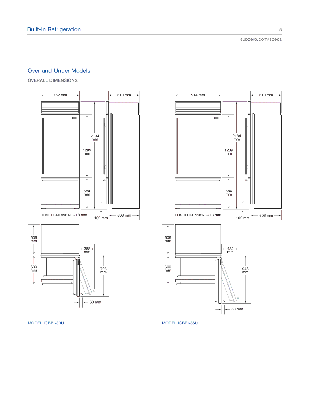 Sub-Zero ICBBI-36S, ICBBI-48SD, ICBBI-42SD, ICBBI-30U, ICBBI-36F, ICBBI-36U Built-In Refrigeration Over-and-Under Models 