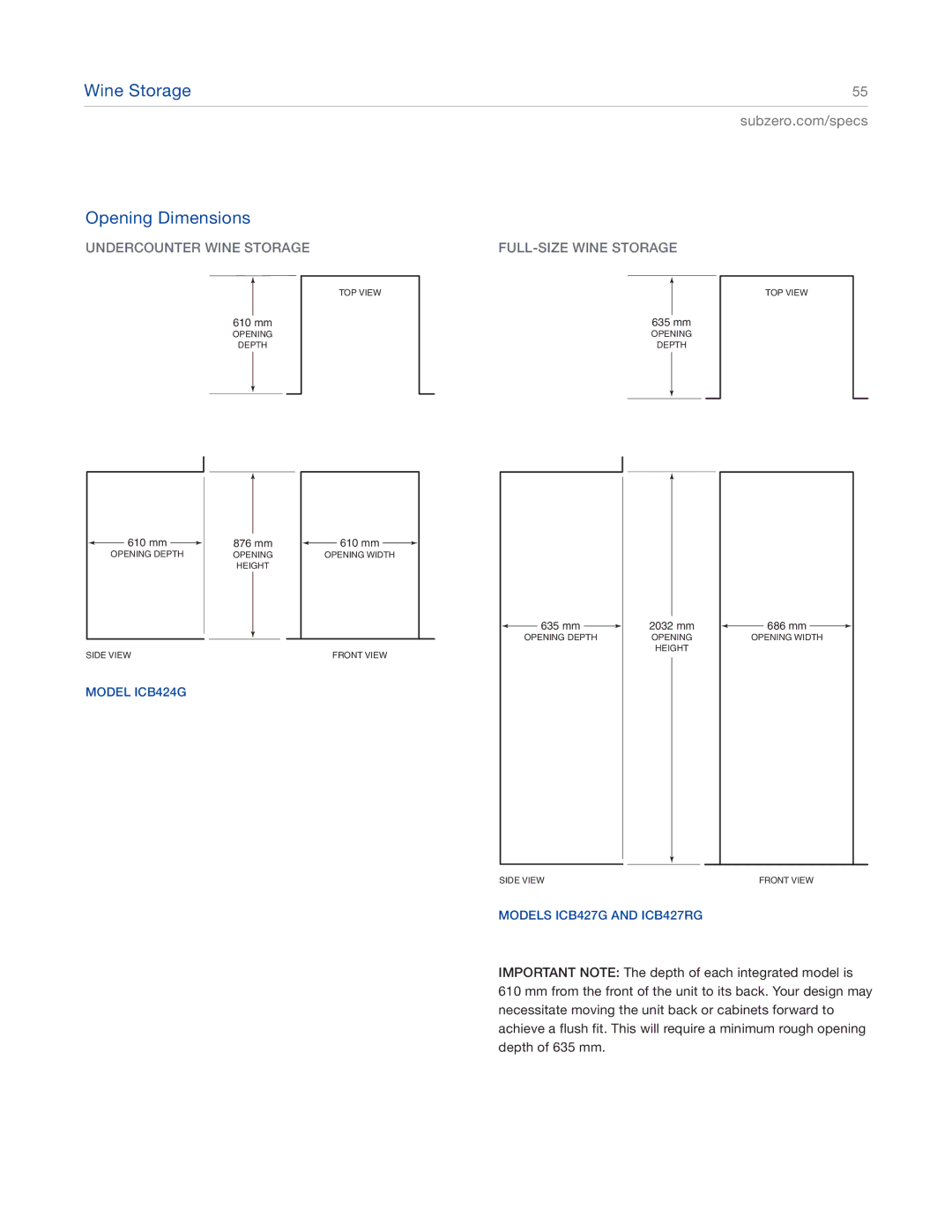Sub-Zero ICBBI-48SD, ICBBI-42SD, ICBBI-30U, ICBBI-36S manual Wine Storage Opening Dimensions, Models ICB427G and ICB427RG 