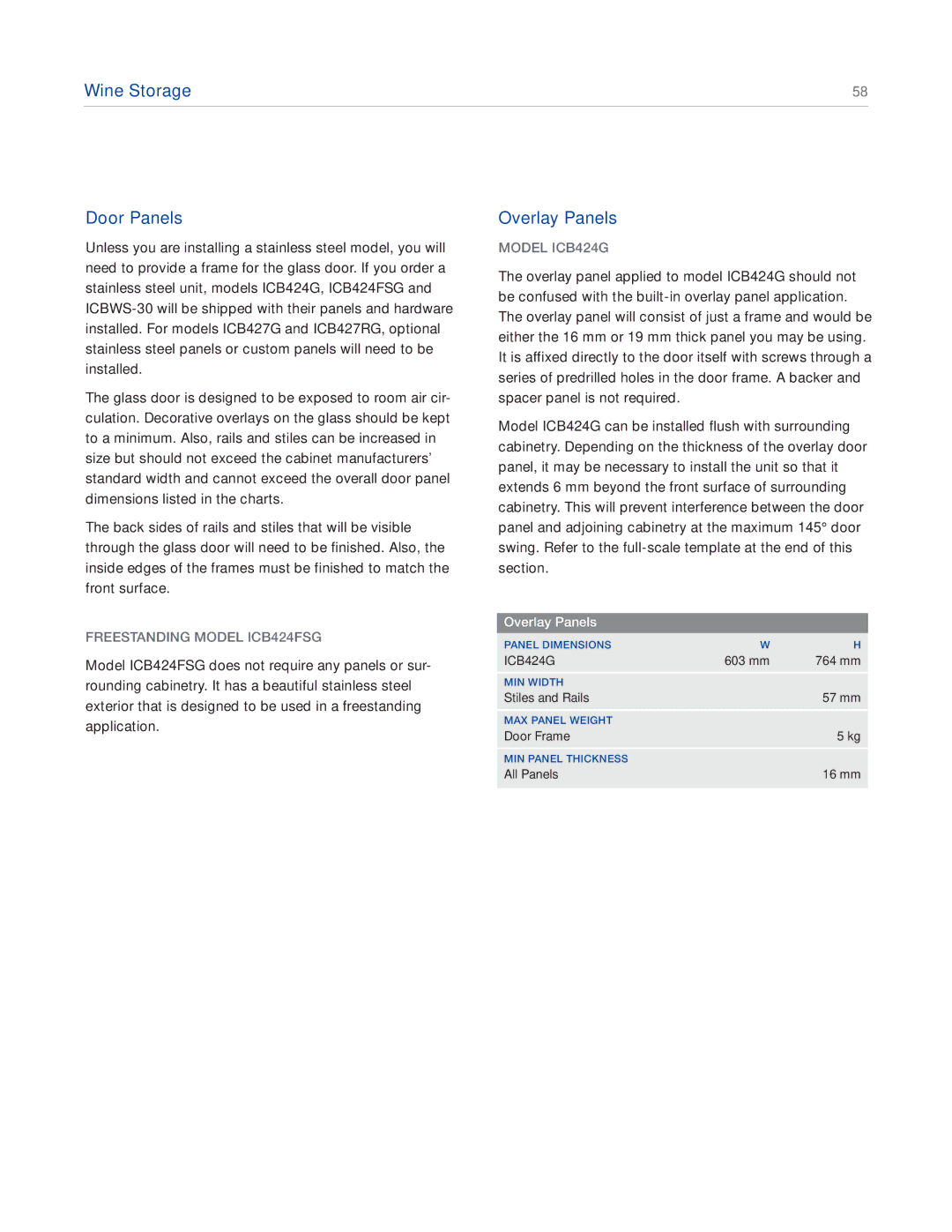 Sub-Zero ICBBI-30U, ICBBI-42S manual Wine Storage Door Panels, Model ICB424G, Freestanding Model ICB424FSG, Overlay Panels 