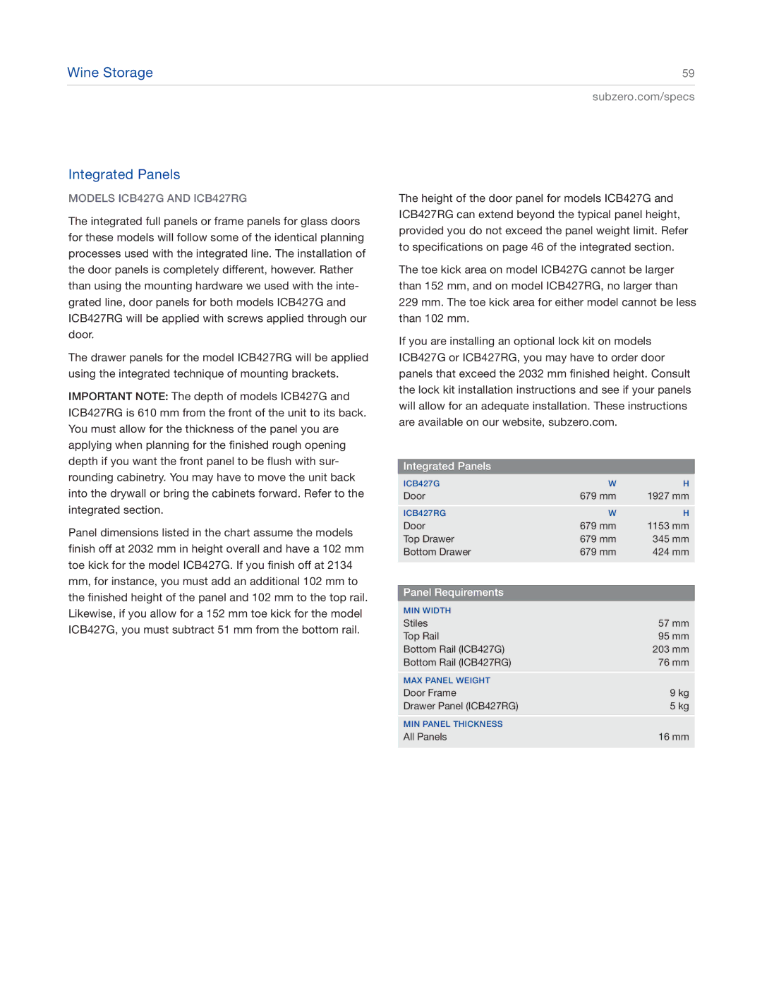 Sub-Zero ICBBI-36S, ICBBI-48SD, ICBBI-42SD, ICBBI-30U manual Wine Storage Integrated Panels, Models ICB427G and ICB427RG 