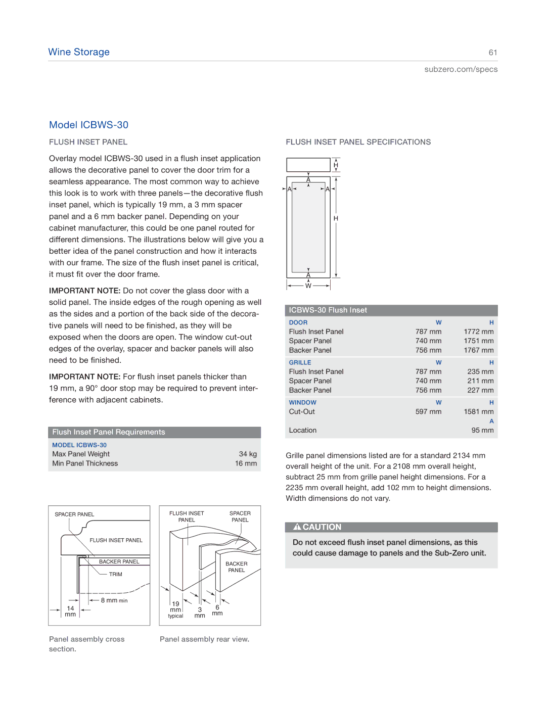 Sub-Zero ICBBI-36U, ICBBI-48SD, ICBBI-42SD, ICBBI-30U manual Flush Inset Panel Specifications, ICBWS-30 Flush Inset 