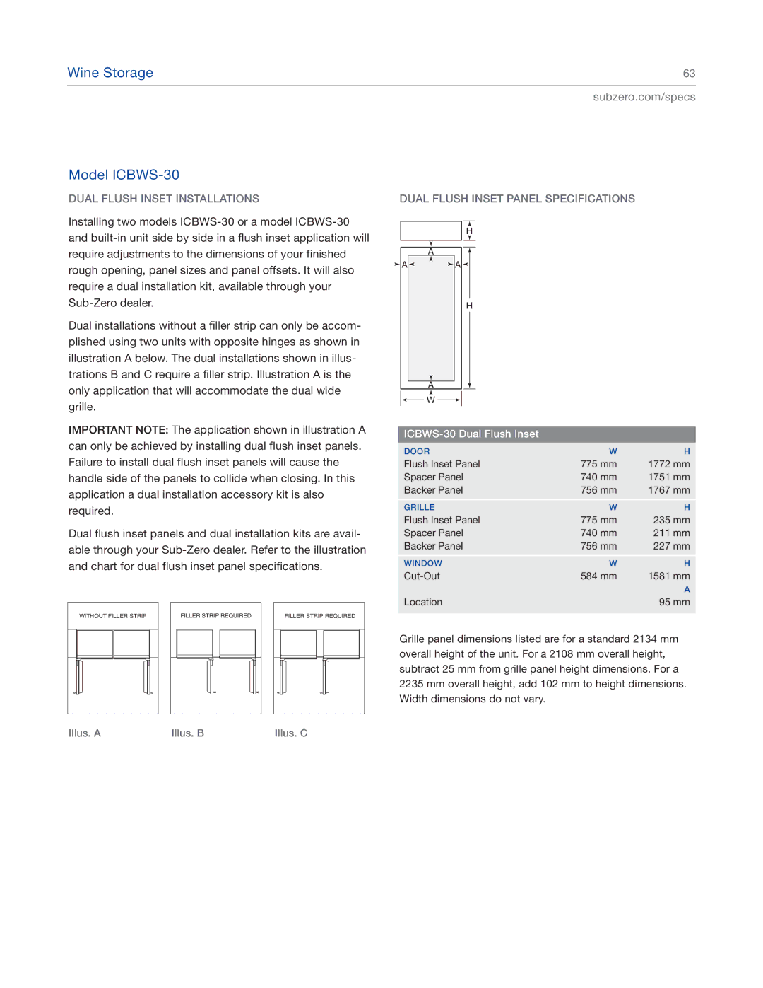 Sub-Zero ICBBI-42S manual Dual Flush Inset Installations, Dual Flush Inset Panel Specifications, ICBWS-30 Dual Flush Inset 