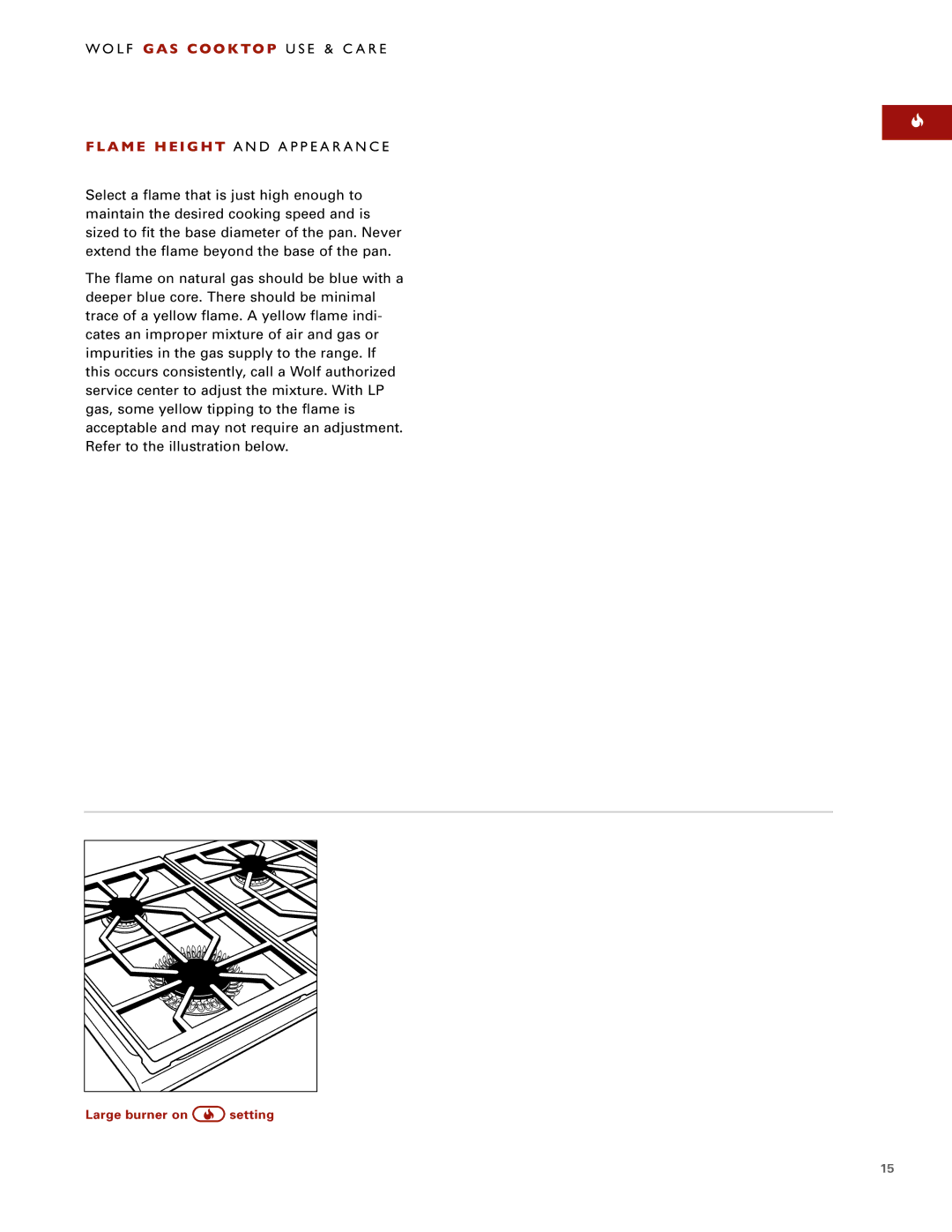 Sub-Zero ICBCT15G manual Large burner on setting 