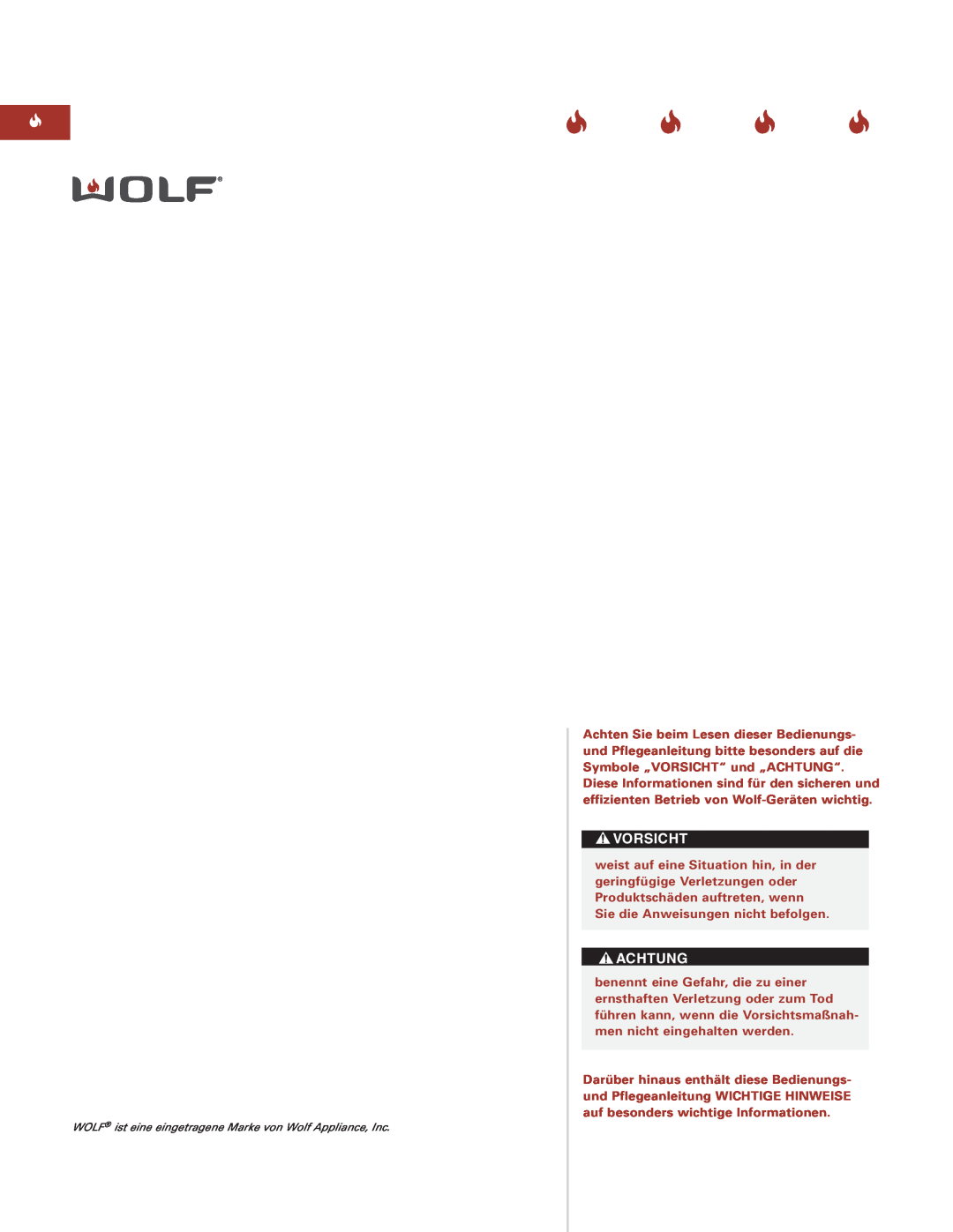 Sub-Zero ICBCT15G manual Vorsicht, Achtung, WOLF ist eine eingetragene Marke von Wolf Appliance, Inc 