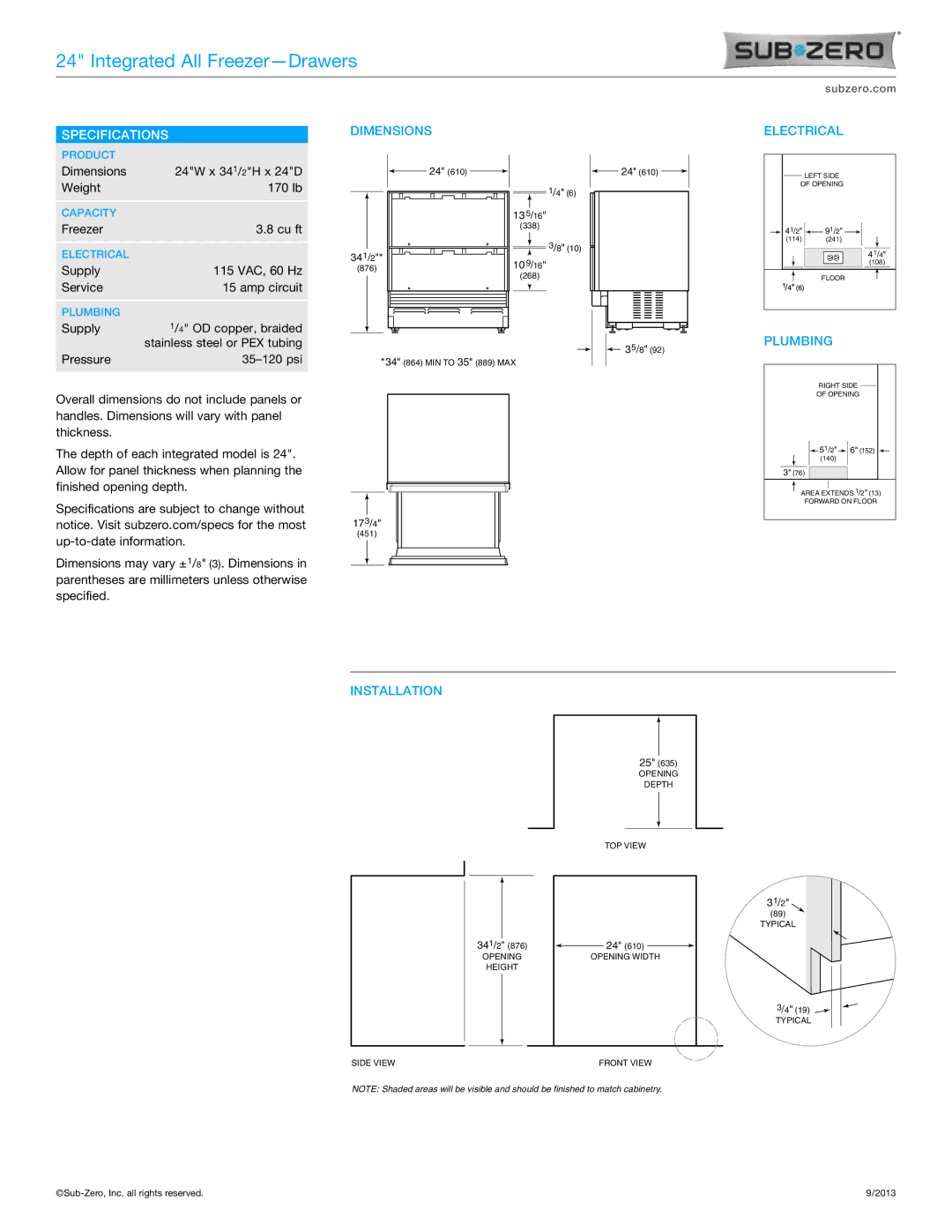 Sub-Zero ID-24FI manual Specifications, Dimensions, Electrical, Plumbing, Installation 