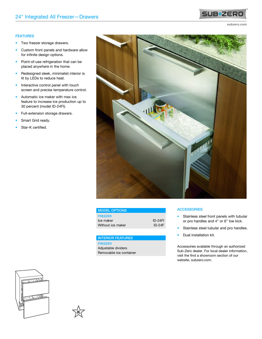 Sub-Zero ID-24FI manual Integrated All Freezer-Drawers, Model Options, Interior Features, Accessories 