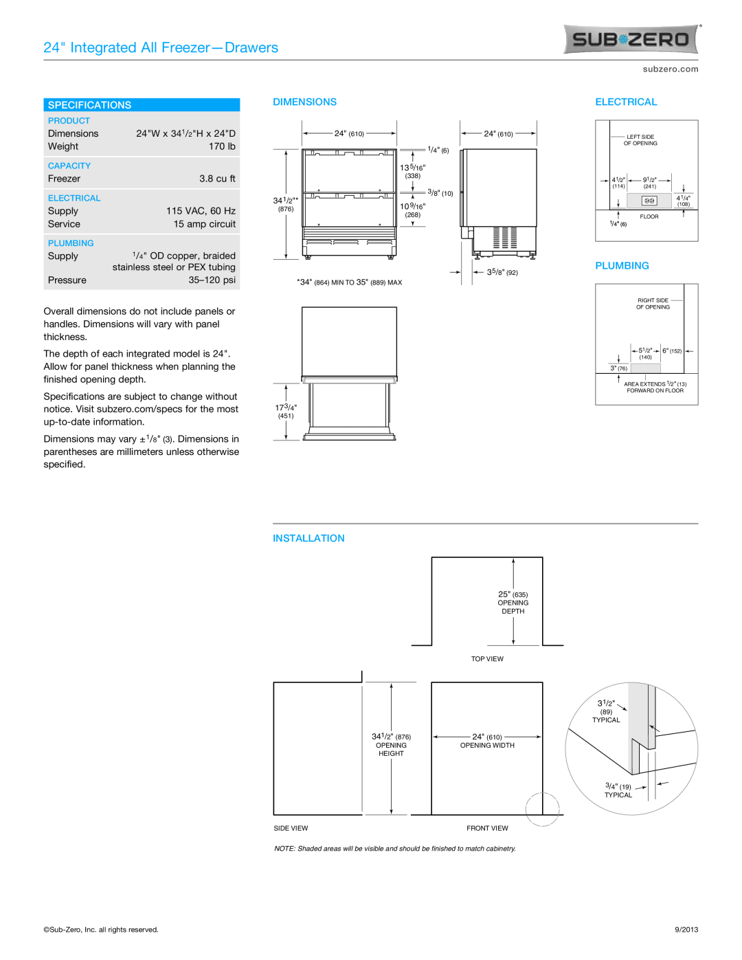 Sub-Zero ID-24FI manual Specifications, Dimensions, Electrical, Plumbing, Installation, Integrated All Freezer-Drawers 
