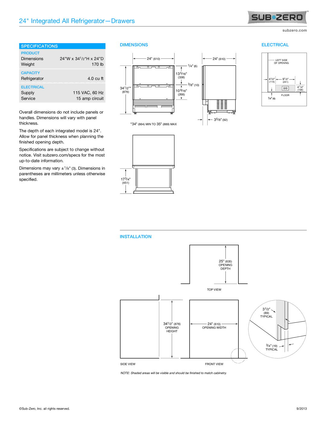 Sub-Zero ID-24R manual Specifications, Dimensions, Electrical, Installation 