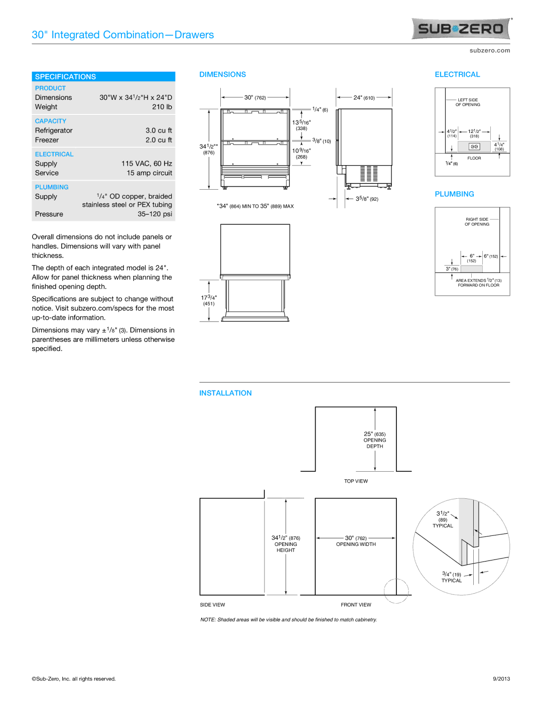 Sub-Zero ID-30CI manual Specifications, Dimensions, Electrical, Plumbing, Installation 