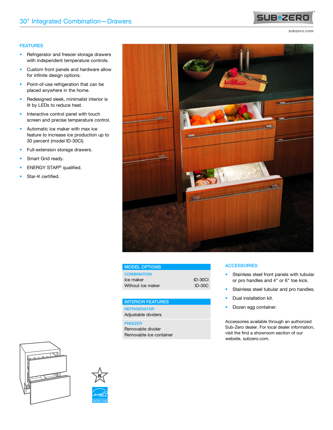 Sub-Zero ID-30CI manual Integrated Combination-Drawers, Model Options, Interior Features, Accessories 