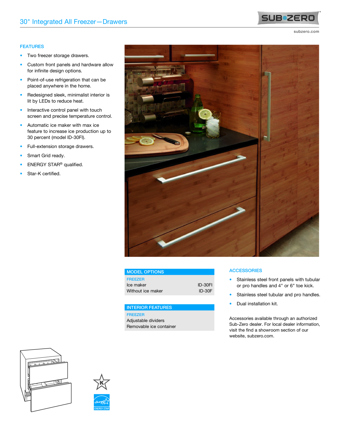 Sub-Zero ID-30FI manual Integrated All Freezer-Drawers, Model Options, Interior Features, Accessories 