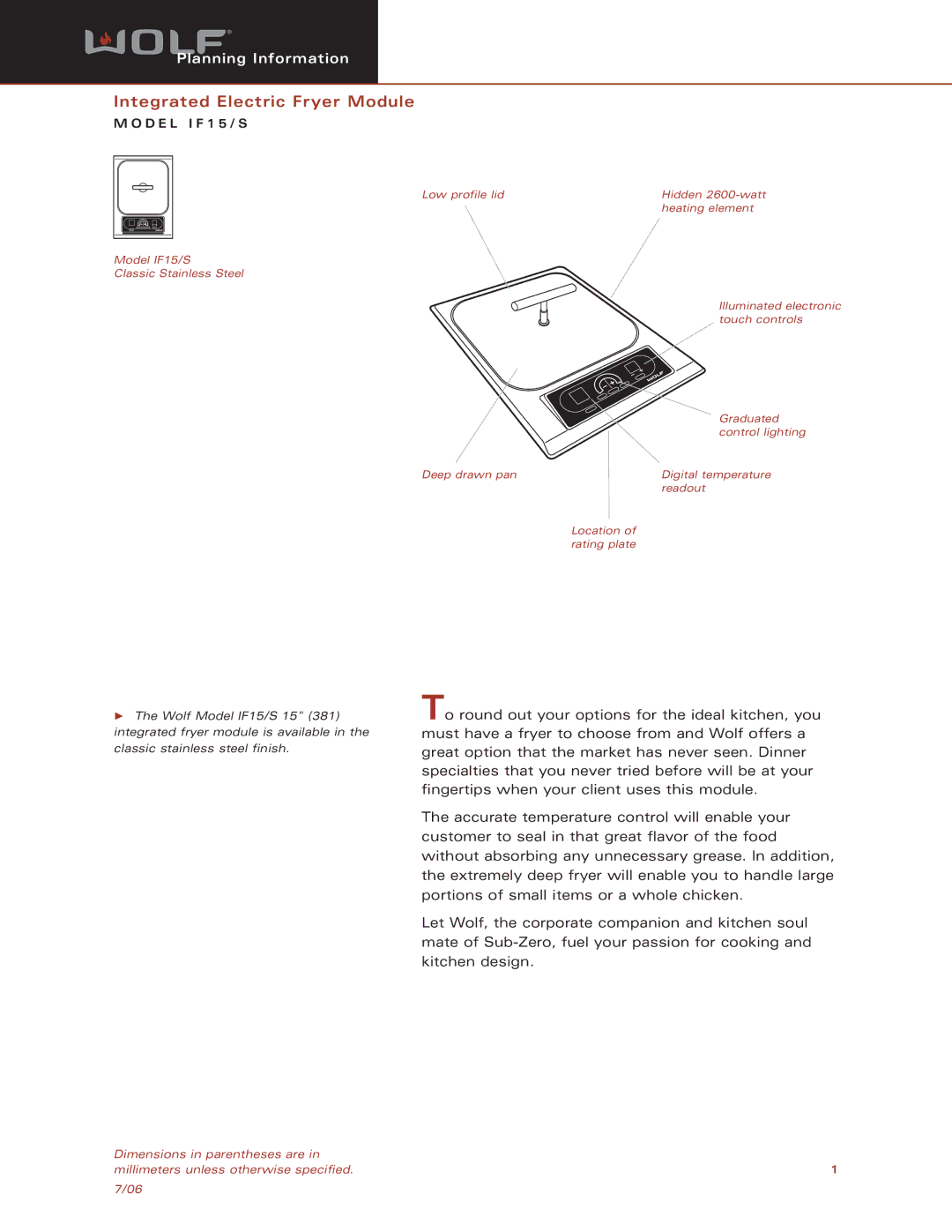 Sub-Zero IF15/S dimensions Integrated Electric Fryer Module 