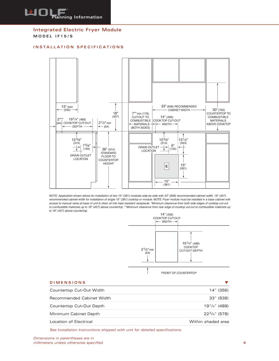 Sub-Zero IF15/S dimensions Installation Specification S, M E N S I O N S 