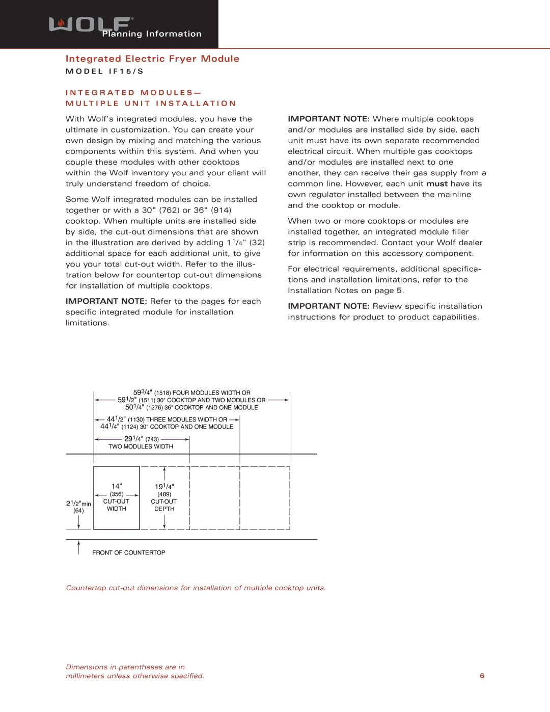 Sub-Zero IF15/S dimensions L T I P L E U N I T Installation, 593/4 1518 Four Modules Width or 