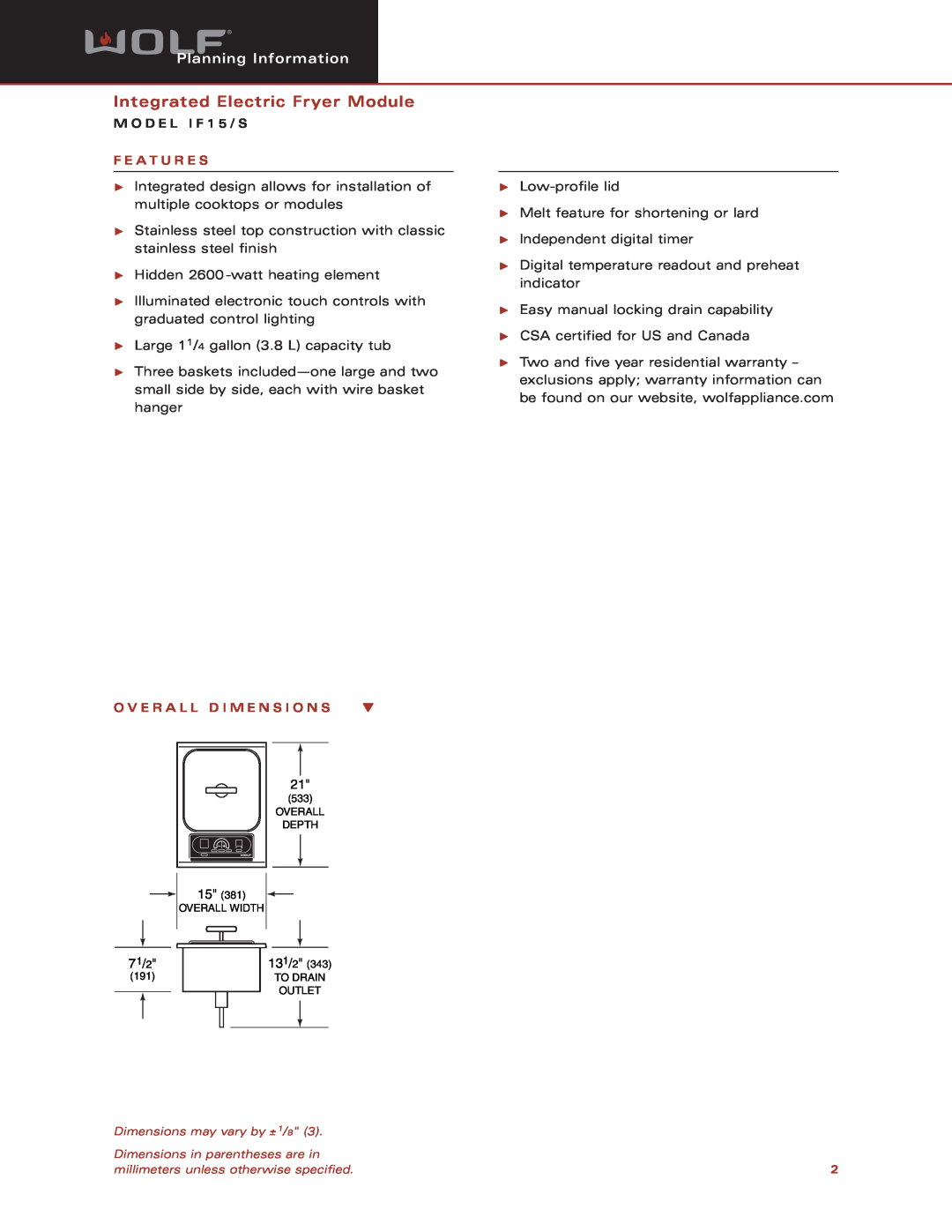 Sub-Zero IF15/S dimensions Integrated Electric Fryer Module, Planning Information, M O D E L I F 1 5 / S, F E A T U R E S 