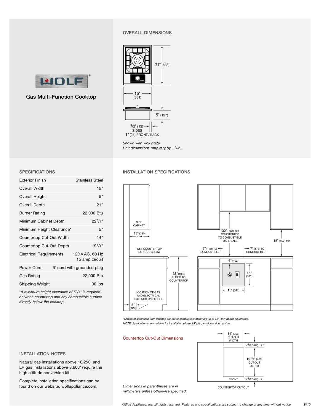 Sub-Zero CT15G/S, IM15/S, DD30 manual Overall Dimensions, Specifications Installation Specifications, Installation Notes 