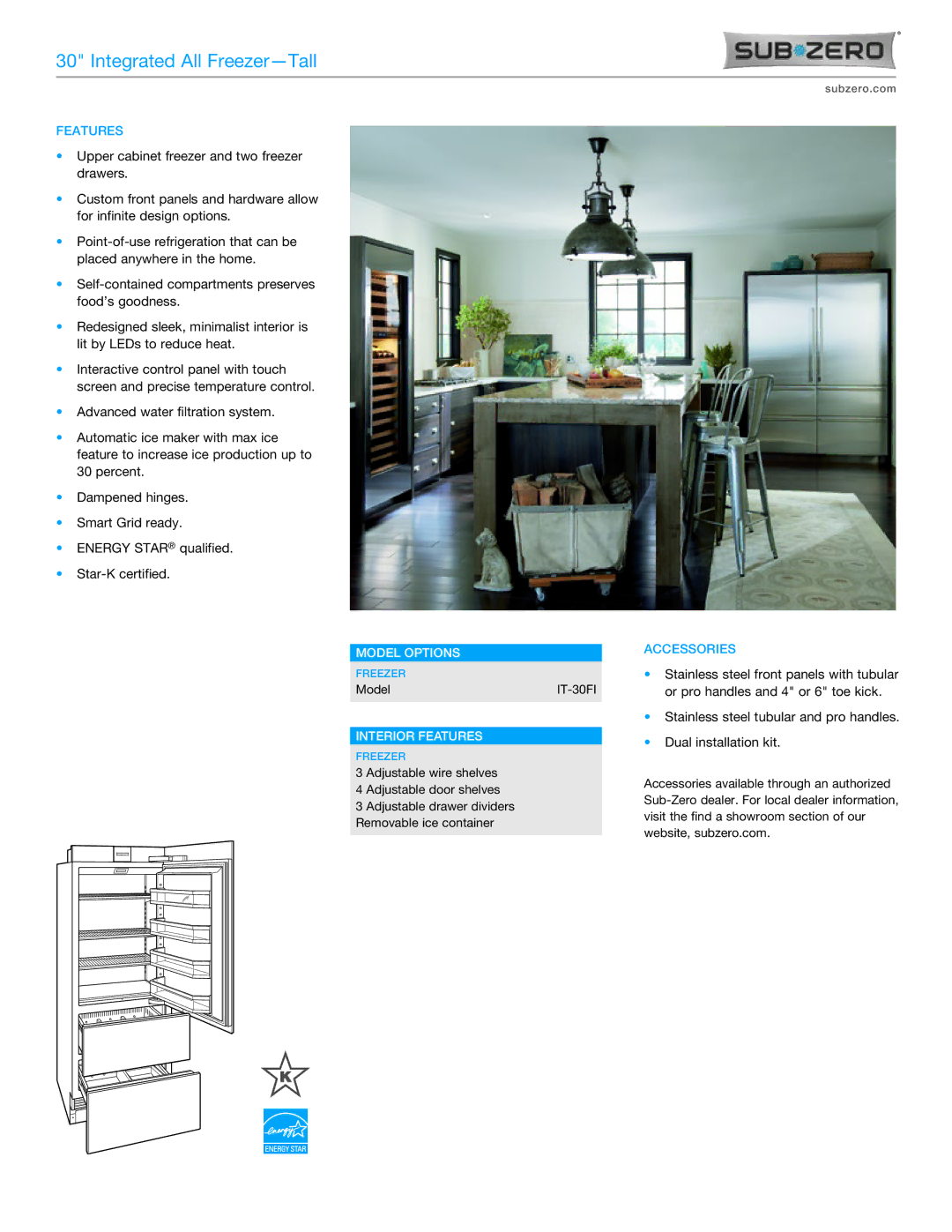 Sub-Zero IT-30FI manual Integrated All Freezer-Tall, Accessories, Model Options, Interior Features 