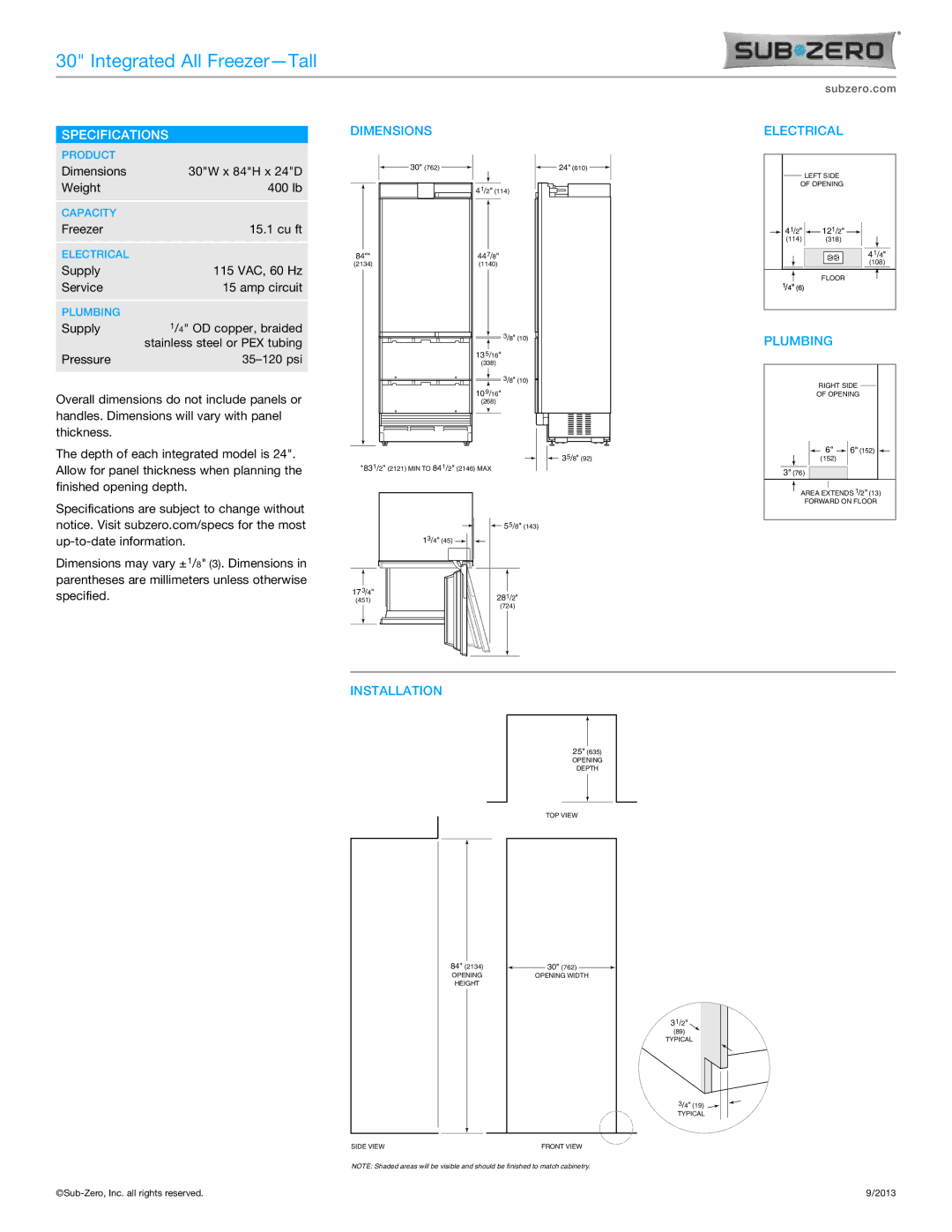 Sub-Zero IT-30FI manual Specifications, Dimensions Electrical, Plumbing 