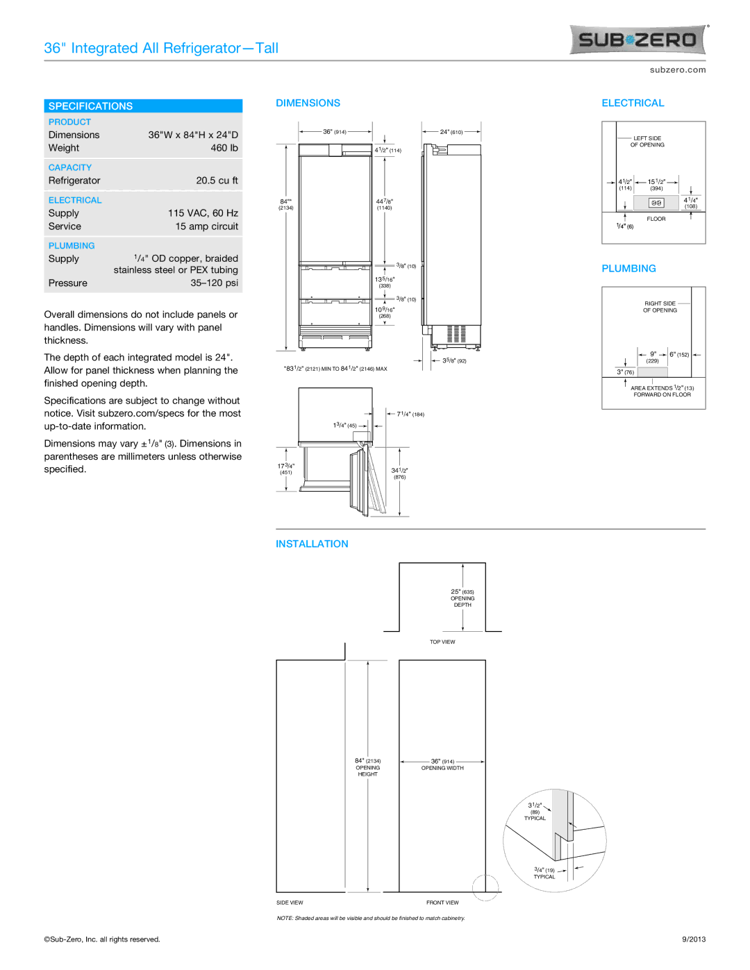 Sub-Zero IT-36RID manual Specifications, Dimensions Electrical, Plumbing 