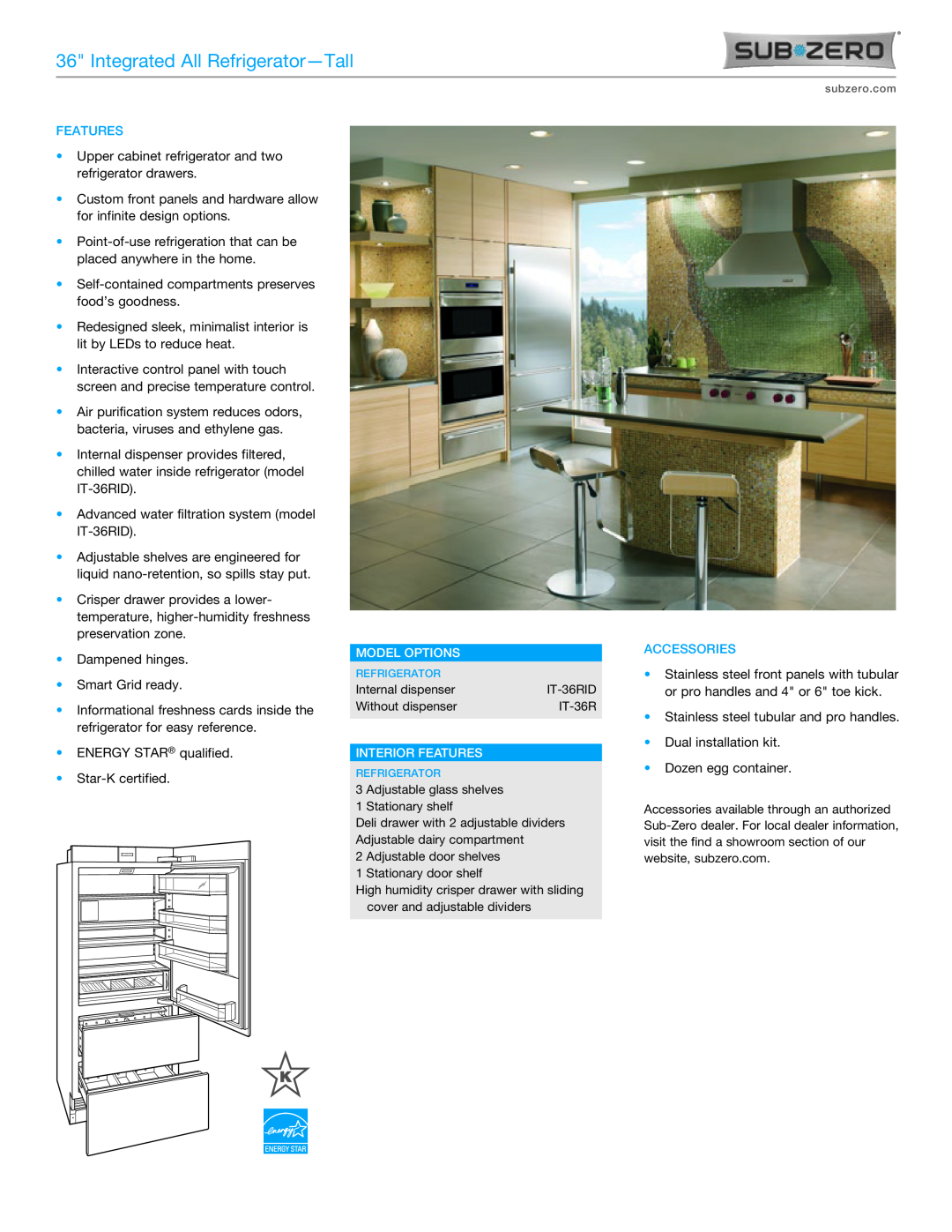 Sub-Zero IT-36RID manual Integrated All Refrigerator-Tall, Model Options, Interior Features, Accessories 